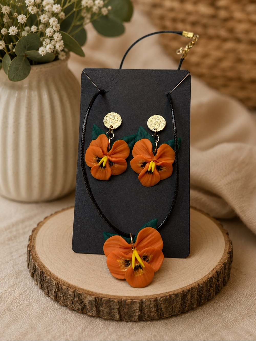 Handcrafted (polymer clay) Orange Pansy Necklace & Earring Set